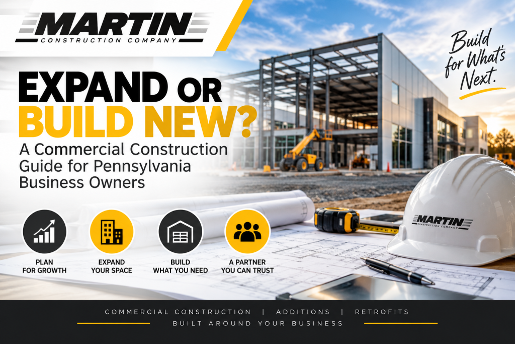 Martin Construction Company commercial construction graphic showing a steel-frame building under construction, blueprints, hard hat, and the headline “Expand or Build New? A Commercial Construction Guide for Pennsylvania Business Owners.”