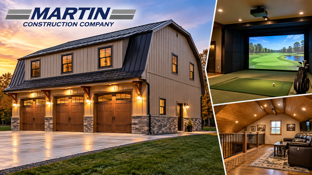 Martin Construction Company custom garage with finished interior spaces including a golf simulator and upstairs living area